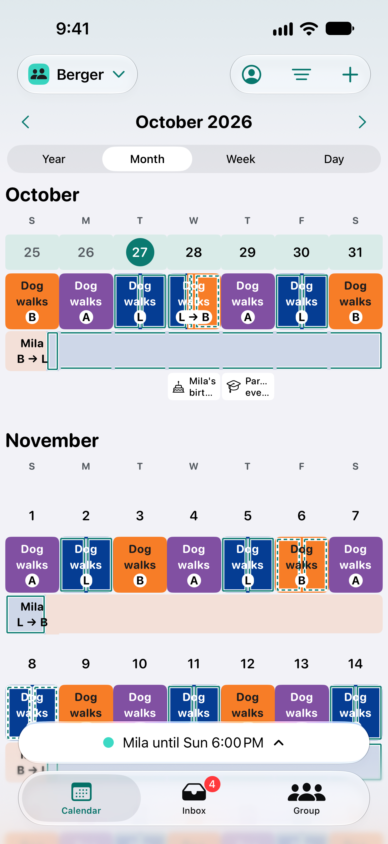 Adri’s month calendar for the Berger family, showing Mila and Dog walks rotations with Lena, Ben, and Anna’s initials.