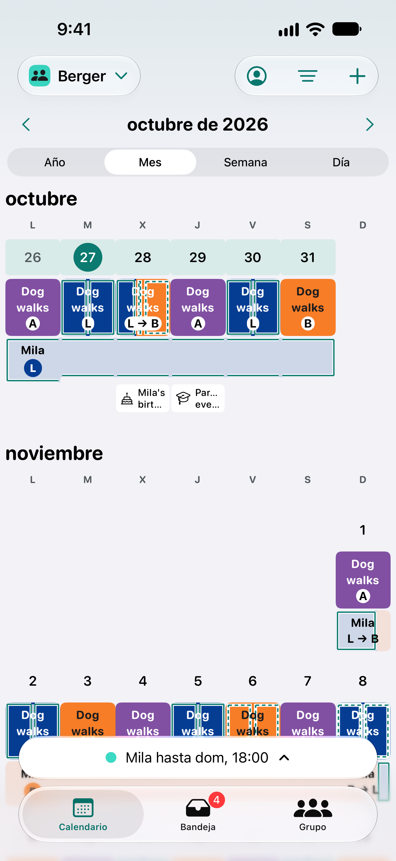 Calendario mensual de Adri para la familia Berger con los turnos Mila y Dog walks y las iniciales de Lena, Ben y Anna.