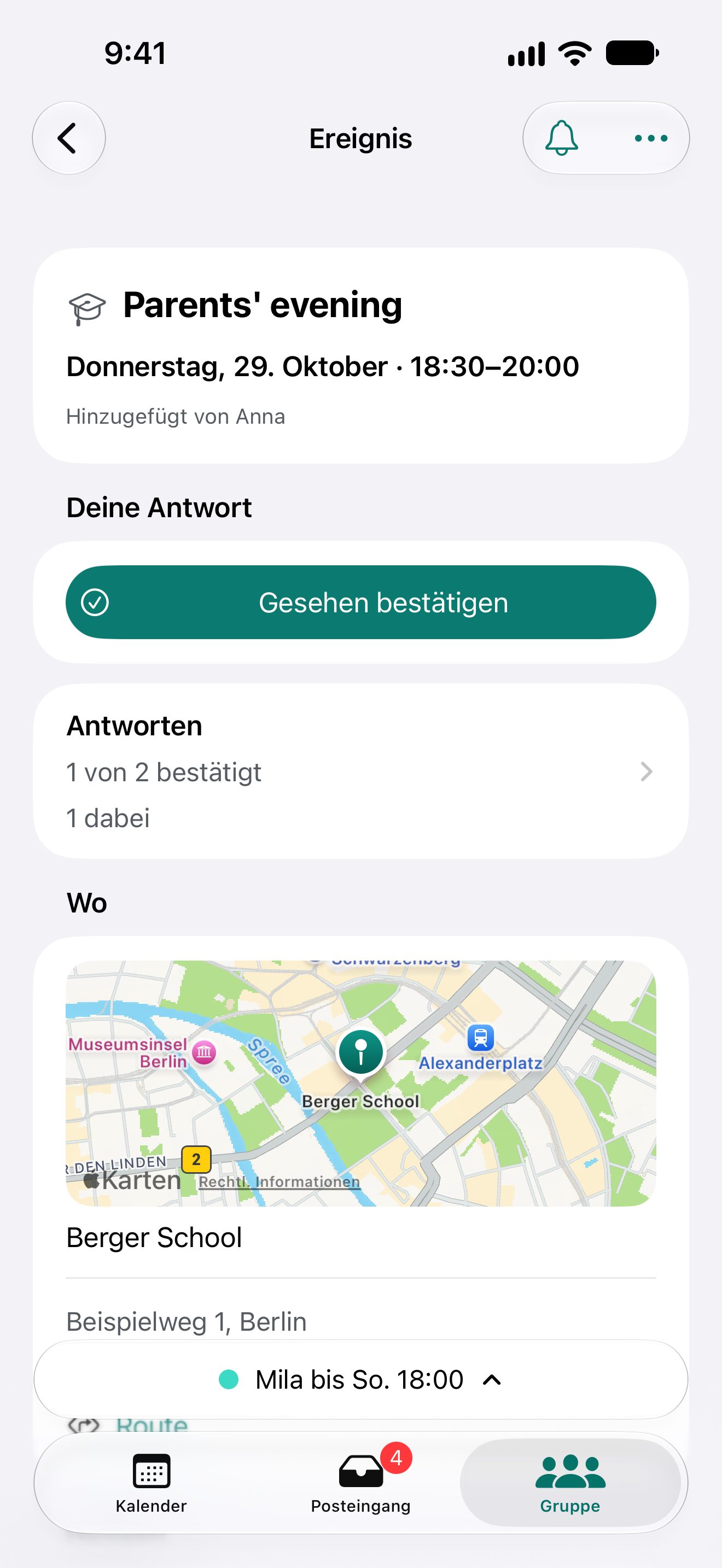 Der Elternabend mit Datum, Antworten und Ort.