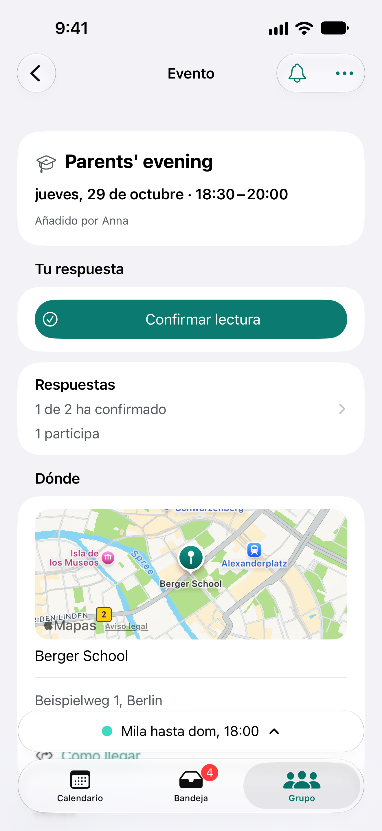 La reunión de familias con fecha, respuestas y lugar.
