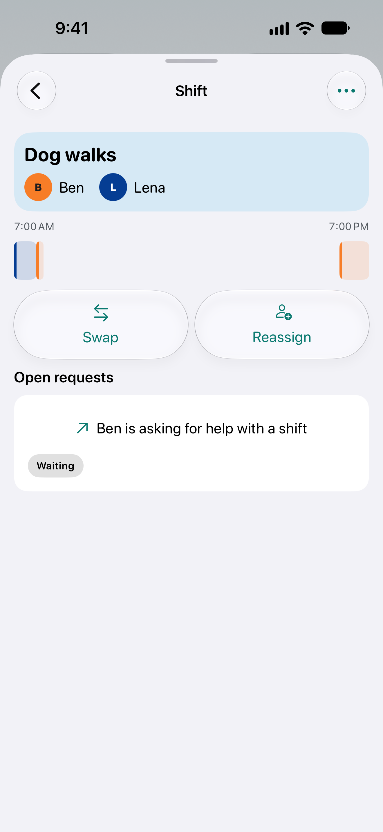 Dog walks shift details with Lena and Ben sharing the shift, with Swap and Reassign actions.