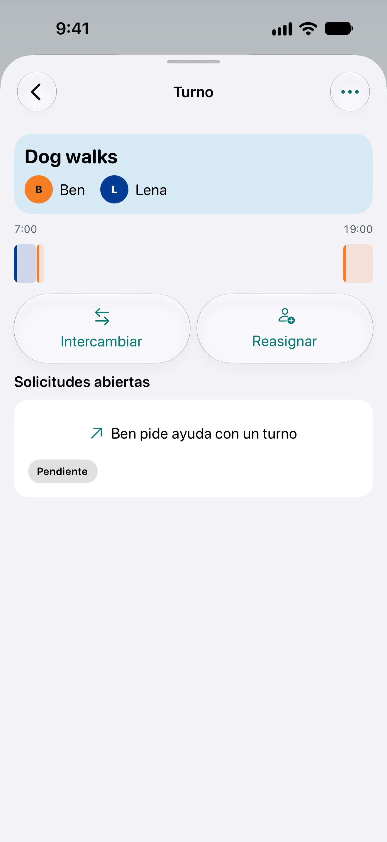 Detalles de la recogida compartida entre Lena y Ben, con las acciones Intercambiar y Reasignar.